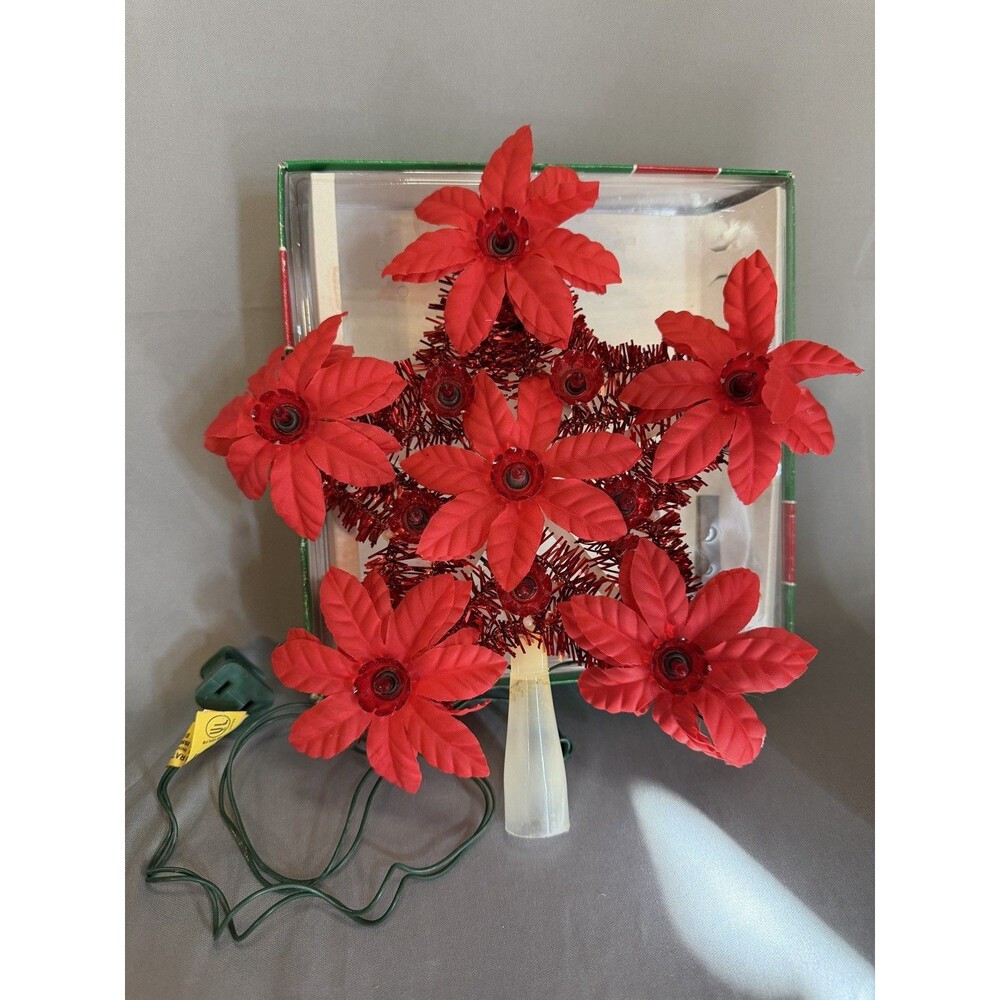 Vintage Lighted Christmas Star Tree Topper Poinsettia Reflectors Flashing Box